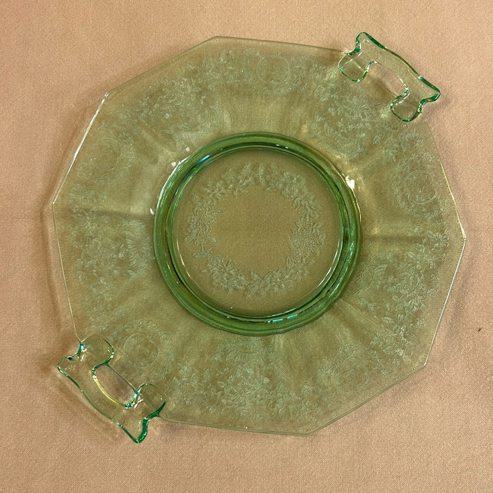 Vintage Green Etched Depression Glass Octagon Serving Dish with Handles